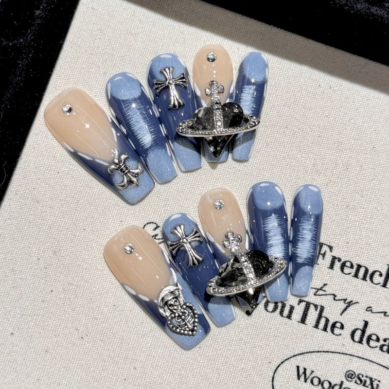 Yi He Tian Cool Style Pure Hand-Worn Armor Personality Chain Cross Nail Art Patch Temperament Mid-Length Nail Patch - Image 2